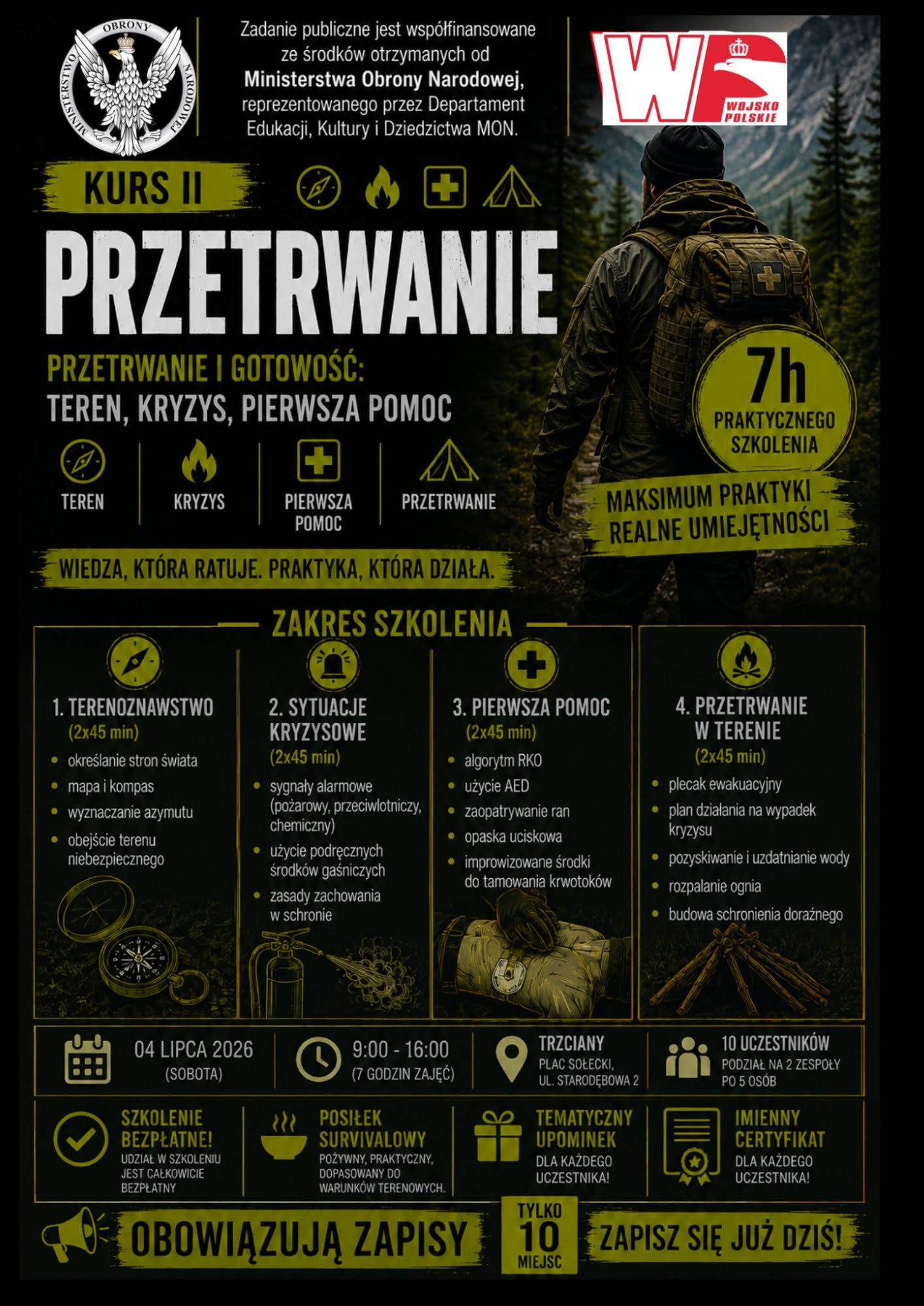 plakat z informacjami z artykułu plus zakresem szkolenia: 1. terenoznawstwo - określanie stron świata, mapa i kompas, wyznaczanie azymutu, obejście terenu niebezpiecznego; 2. sytuacje kryzysowe - sygnały alarmowe (pożarowy, przeciwlotniczy, chemiczny), użycie podręcznych środków gaśniczych, zasady zachowania w schronie; 3. pierwsza pomoc - algorytm RKD, użycie AED, zaopatrywanie ran, opaska uciskowa, improwizowane środki do tamowania krwotoków; 4. przetrwanie w terenie - plecak ewakuacyjny, plan działania na wypadek kryzysu, pozyskiwanie i uzdatnianie wody, rozpalanie ognia, budowa schronienia doraźnego; na każdy z tych czterech bloków przypada 2 razy po 45 minut