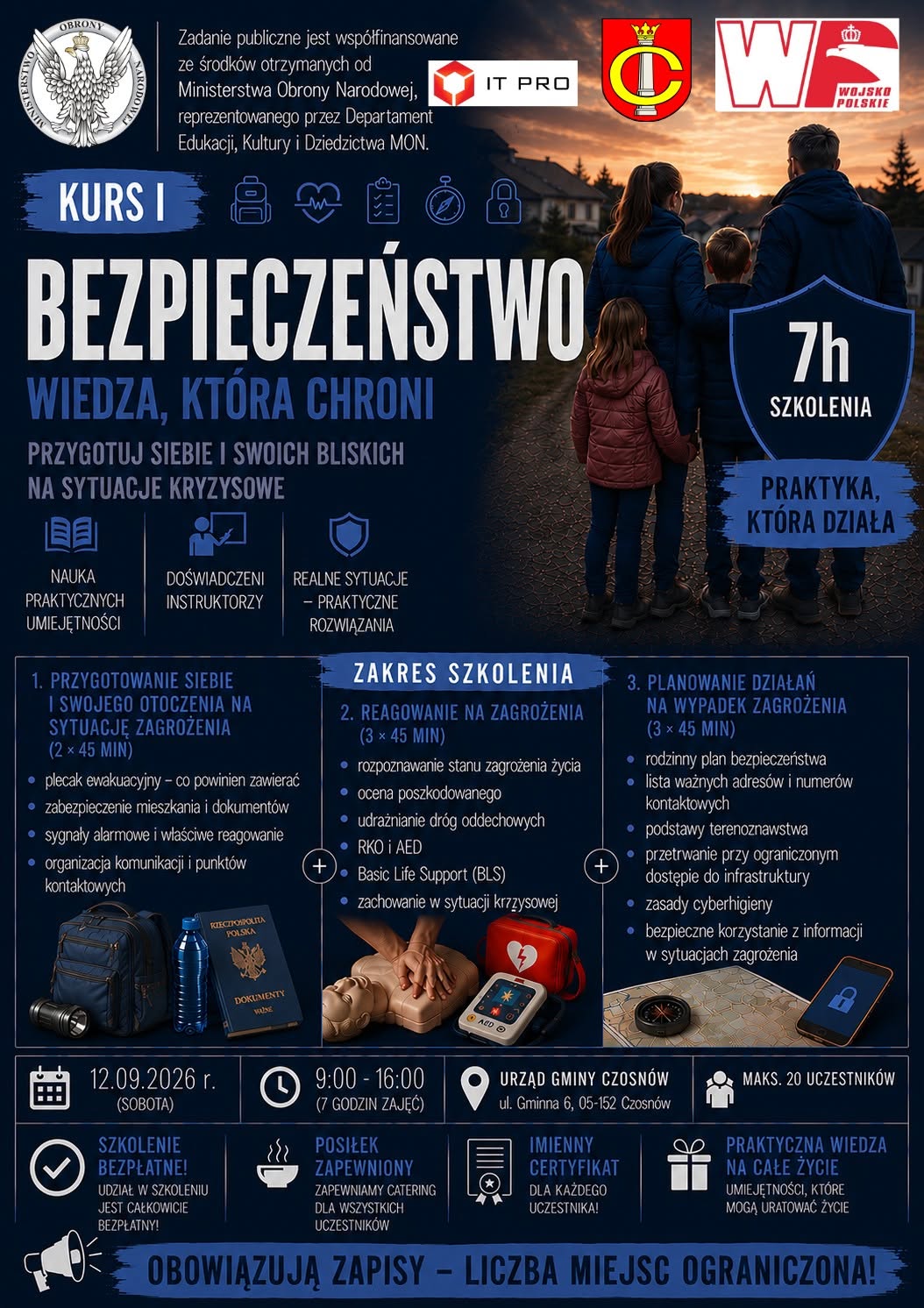 plakat z informacjami z artykułu plus zakresem szkolenia: 1. przygotowanie siebie i swojego otoczenia na stytuację zagrożenia - co powinien zawierać plecak ewakuacyjny, zabezpieczenie mieszkania i dokumentów, sygnały alarmowe i właściwe reagowanie, organizacja komunikacji i punktów kontaktowych - blok trwa dwa razy po 45 minut; 2. reagowanie na zagrożenia - rozpoznawanie stanu zagrożenia życia, ocena poszkodowanego, udrażnianie dróg oddechowych, RKO i AED, Basic Life Support BLS, zachowanie w sytuacji kryzysowej - blok trwa trzy razy po 45 minut; 3. planowanie działań na wypadek zagrożenia - rodzinny plan bezpieczeństwa, lista ważnych adresów i numerów kontaktowych, podstawy terenoznawstwa, przetrwanie przy ograniczonym dostępie do infrastruktury, zasady cyberhigieny, bezpieczne korzystanie z informacji w sytuacjach zagrożenia - blok trwa trzy razy po 45 minut