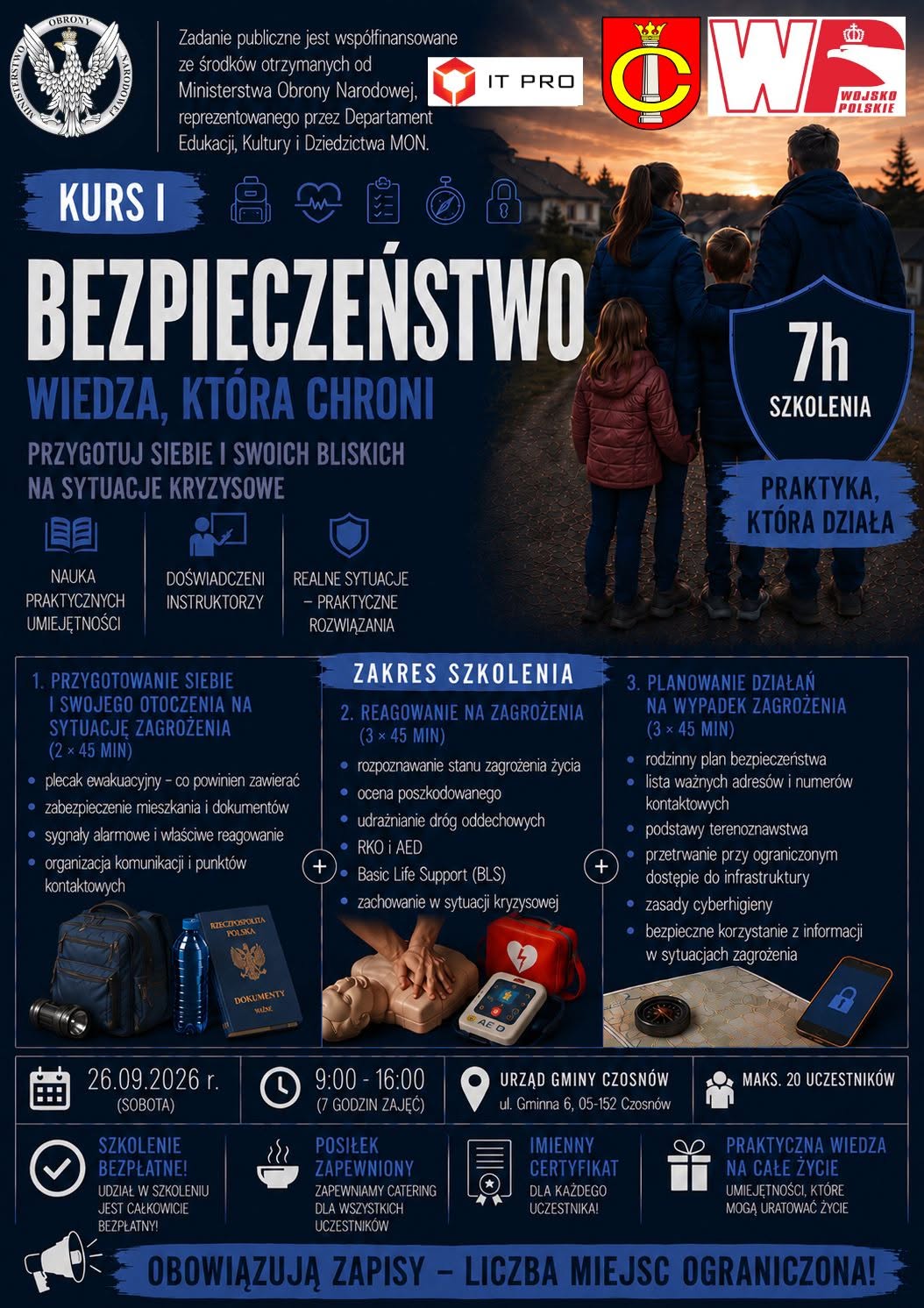 plakat z informacjami z artykułu plus zakresem szkolenia: 1. przygotowanie siebie i swojego otoczenia na stytuację zagrożenia - co powinien zawierać plecak ewakuacyjny, zabezpieczenie mieszkania i dokumentów, sygnały alarmowe i właściwe reagowanie, organizacja komunikacji i punktów kontaktowych - blok trwa dwa razy po 45 minut; 2. reagowanie na zagrożenia - rozpoznawanie stanu zagrożenia życia, ocena poszkodowanego, udrażnianie dróg oddechowych, RKO i AED, Basic Life Support BLS, zachowanie w sytuacji kryzysowej - blok trwa trzy razy po 45 minut; 3. planowanie działań na wypadek zagrożenia - rodzinny plan bezpieczeństwa, lista ważnych adresów i numerów kontaktowych, podstawy terenoznawstwa, przetrwanie przy ograniczonym dostępie do infrastruktury, zasady cyberhigieny, bezpieczne korzystanie z informacji w sytuacjach zagrożenia - blok trwa trzy razy po 45 minut